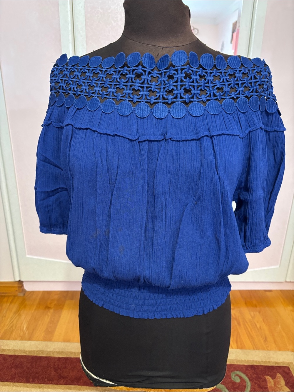 Off-Shoulder Crochet Yoke Blouson Top in Royal Blue